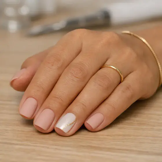 Uñas nude cortas con una uña perlada