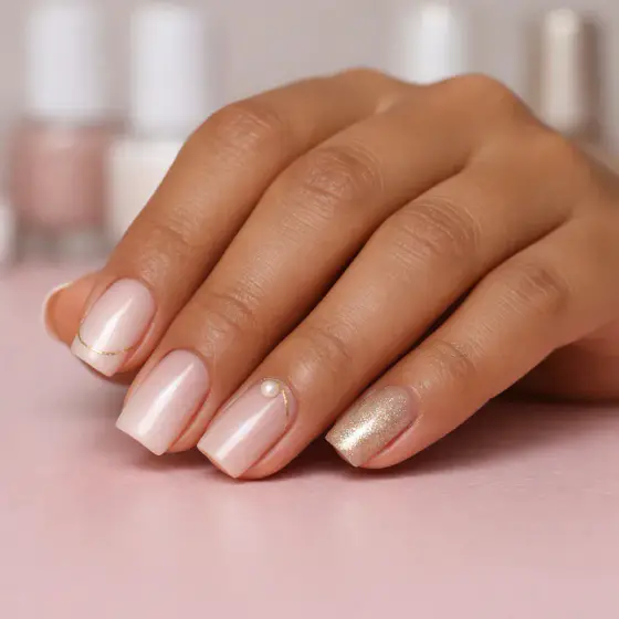 Uñas rosa empolvado cuadradas con glitter suave