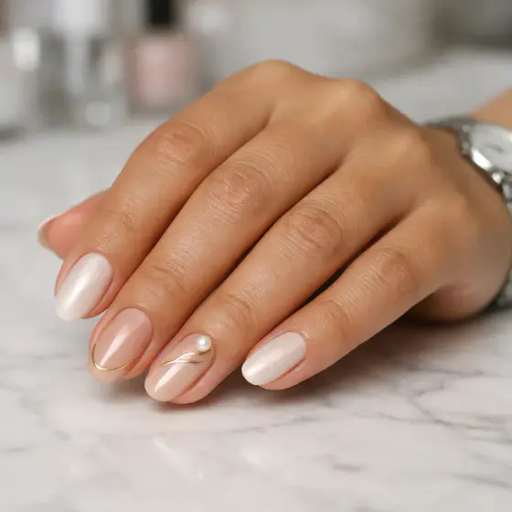 Uñas rosa lechoso con líneas doradas