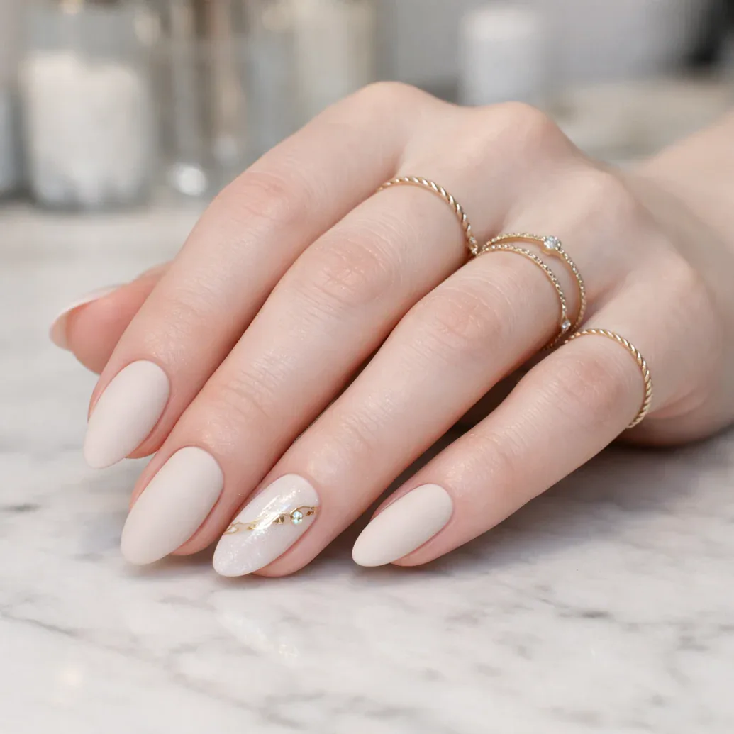 Uñas blancas almendradas con pequeño detalle joya