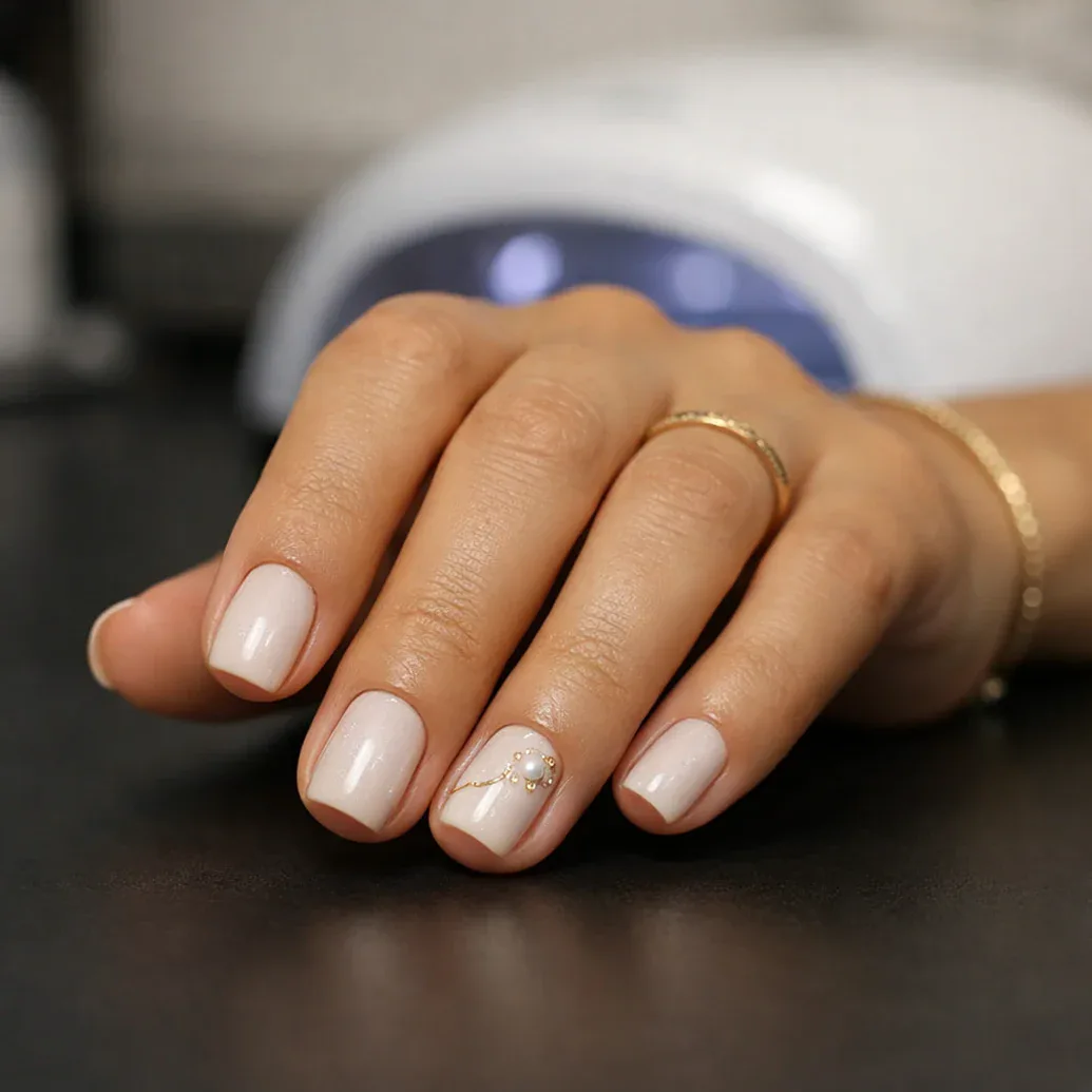 Uñas blancas cortas con brillo perlado