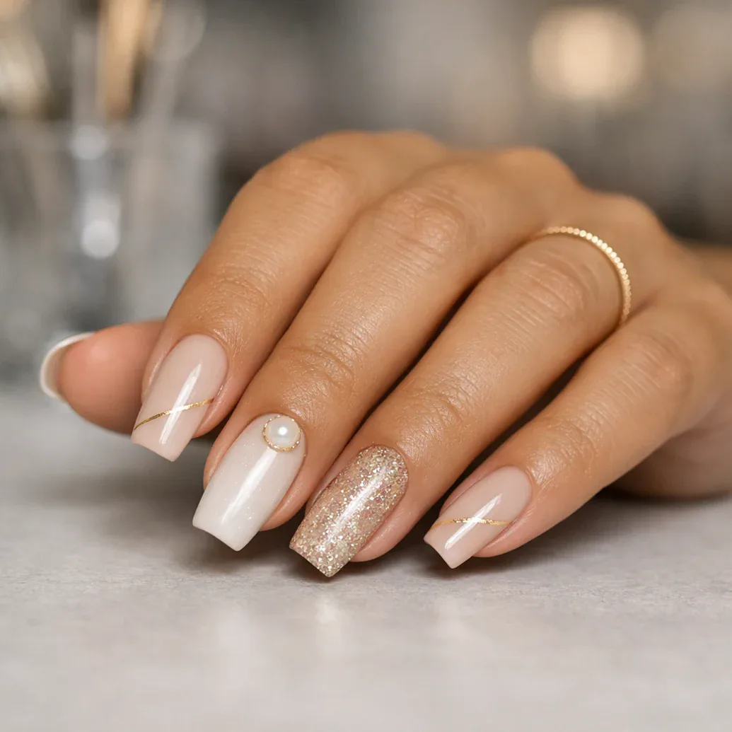 Uñas blancas cuadradas con glitter dorado