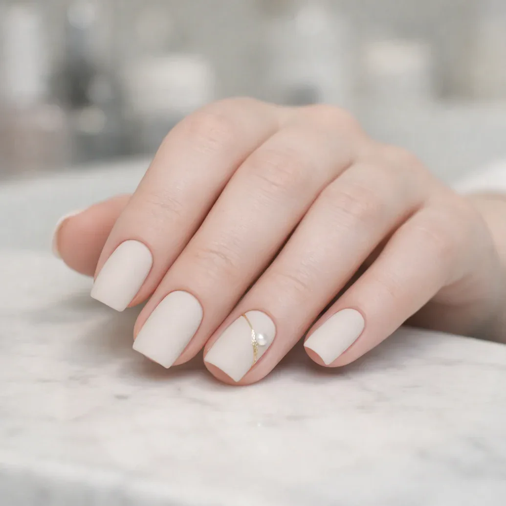Uñas blancas mate con detalle cristalino