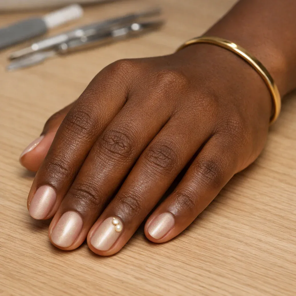 Uñas champán perladas con acabado satinado