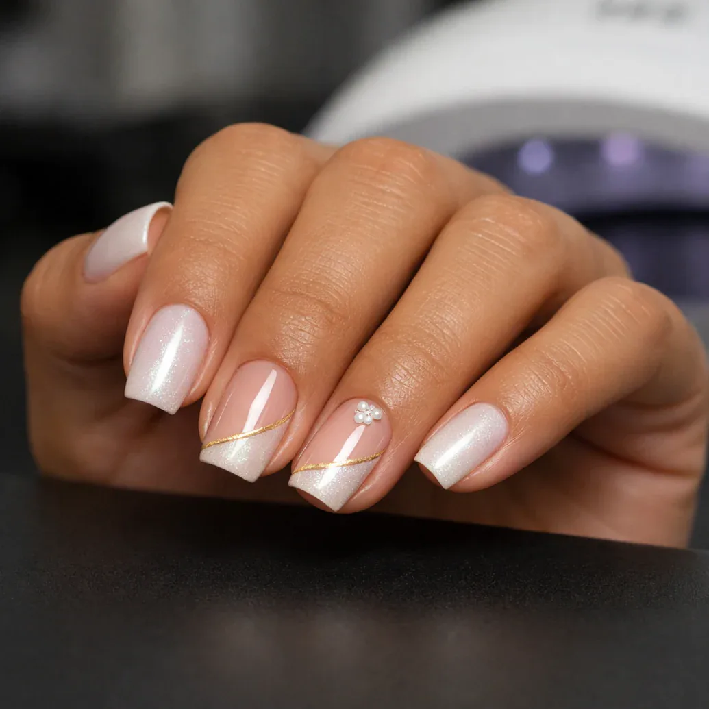 Uñas francesas suaves con detalle dorado