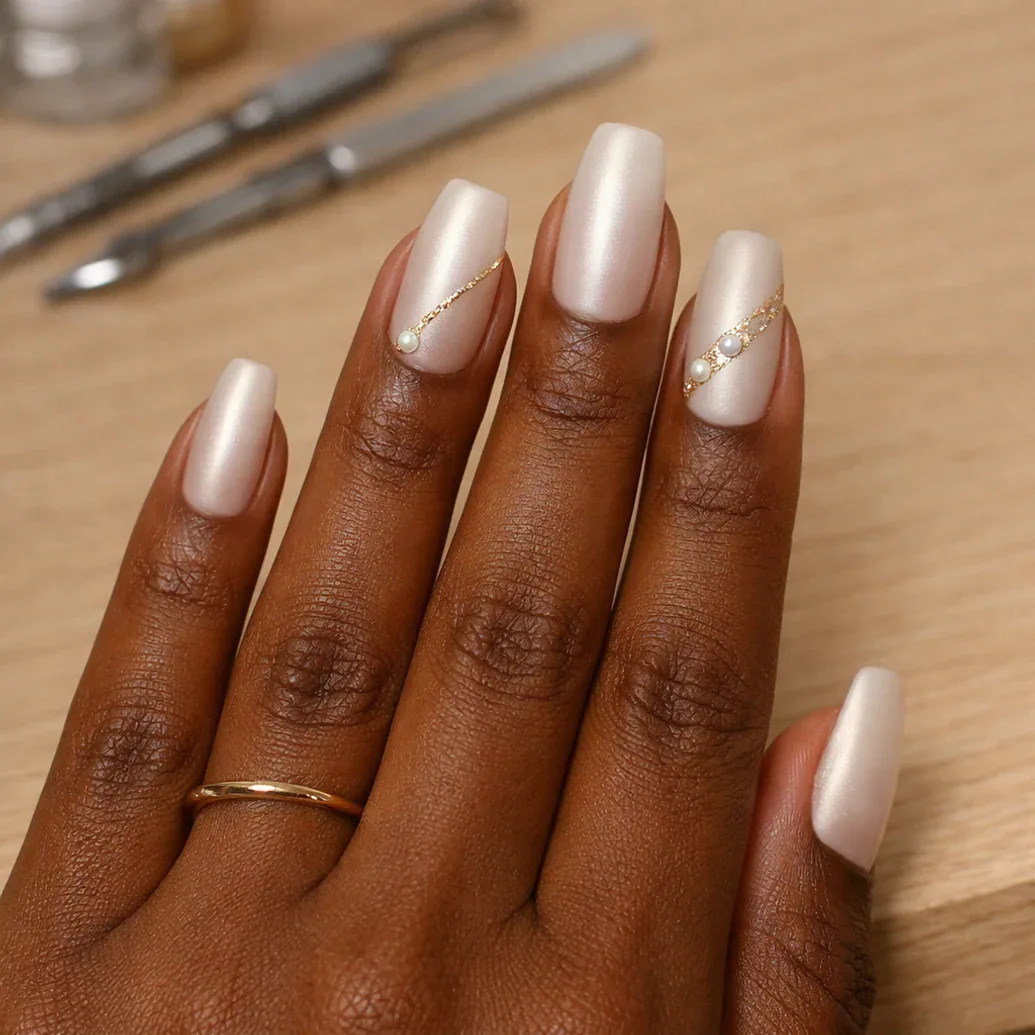 Uñas largas blancas con perla y brillo