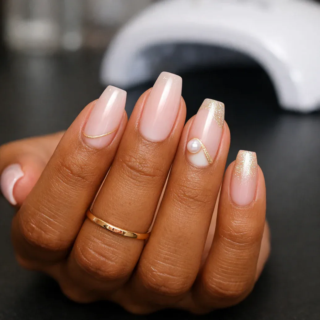 Uñas largas rosas con perla central