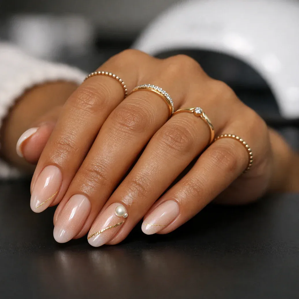 Uñas nude almendradas con detalle dorado