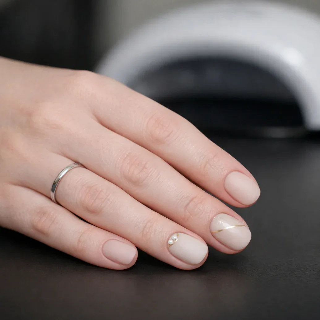 Uñas nude cortas con detalle cristalino