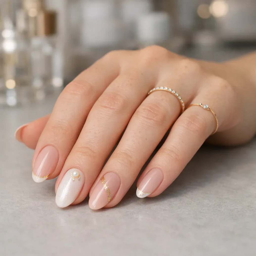 Uñas nude almendradas con glitter plateado