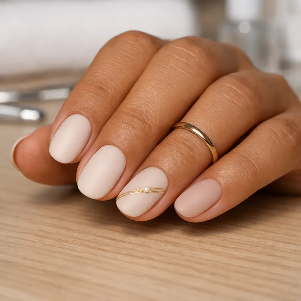 Uñas nude cortas con línea dorada curva
