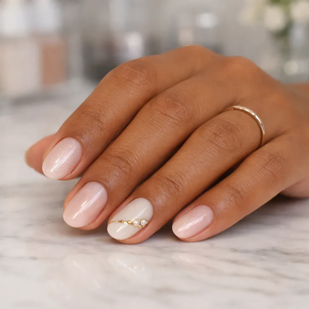 Uñas nude cortas con línea dorada minimalista