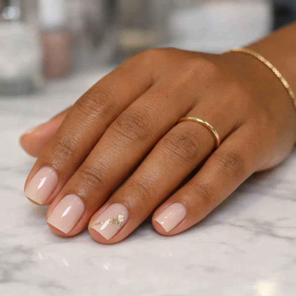 Uñas nude cortas con perlas y brillo sutil