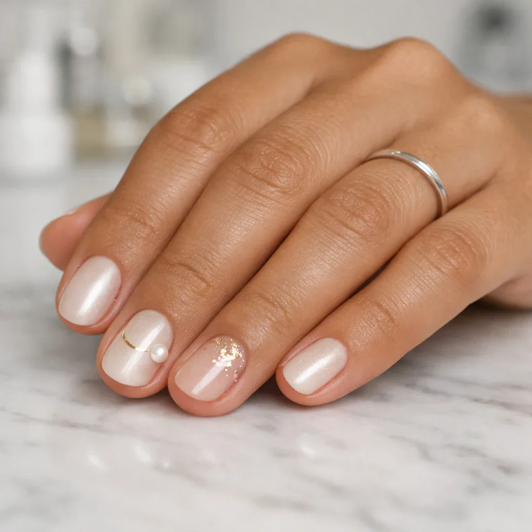 Uñas blancas perladas con flor delicada