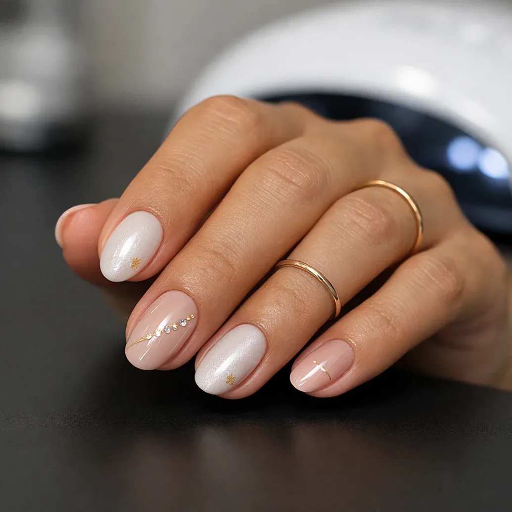 Uñas rosa perlado almendradas con brillo fino