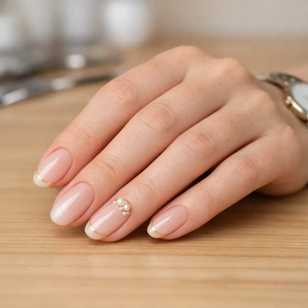 Uñas rosa lechoso con brillo discreto