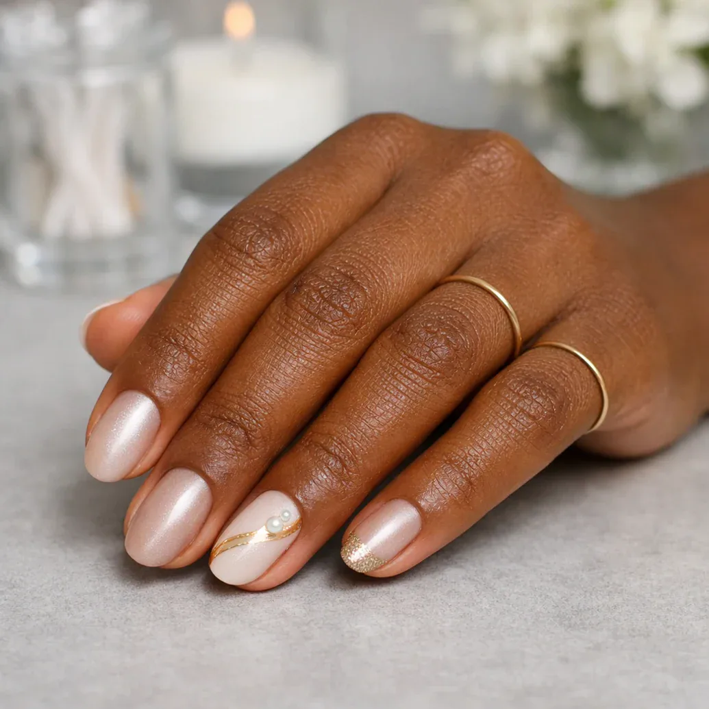 Uñas rosa nacarado con detalle dorado