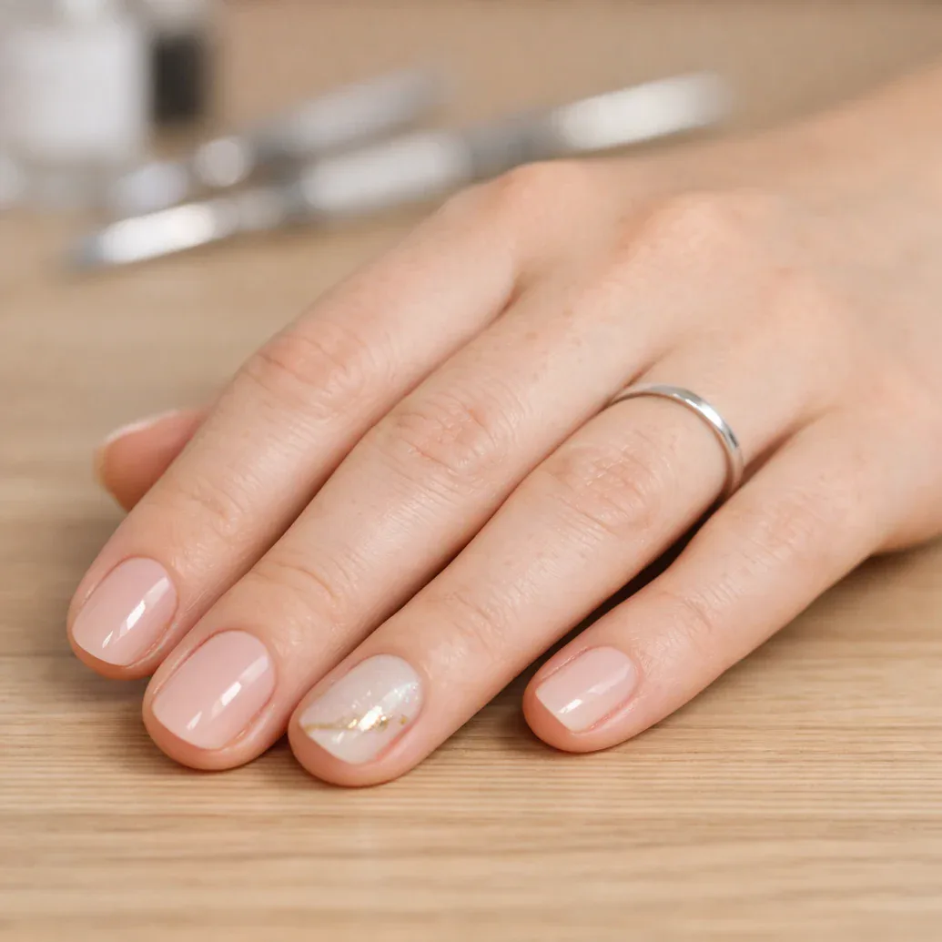 Uñas rosa natural con perla central