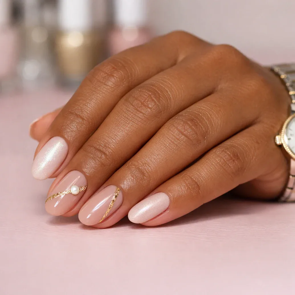 Uñas rosa nude con ondas doradas