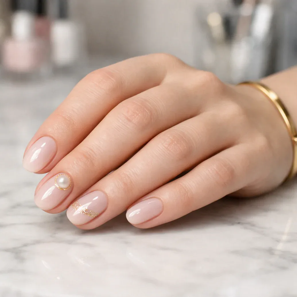 Uñas rosa suave almendradas con perla discreta