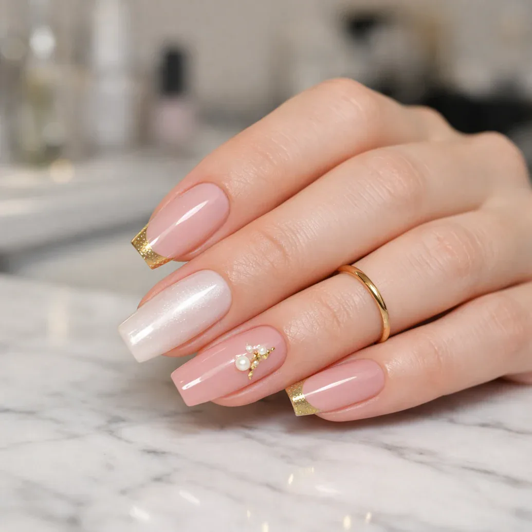 Uñas rosas cuadradas con borde dorado y detalle brillante