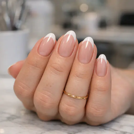 Uñas francesas almendradas con punta blanca y base rosa nude