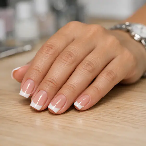 Mano con uñas francesas cuadradas de acabado natural sobre madera