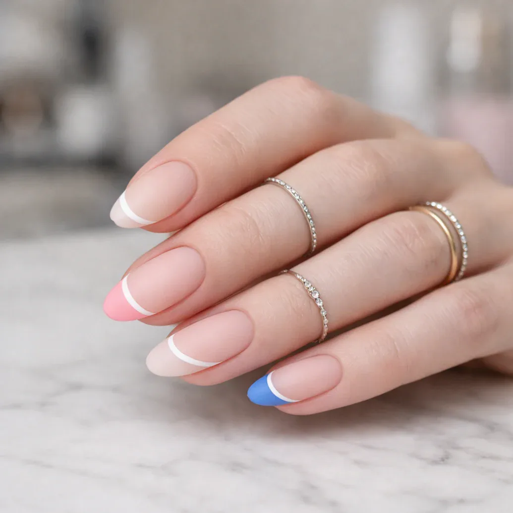Uñas francesas almendradas con punta azul intensa