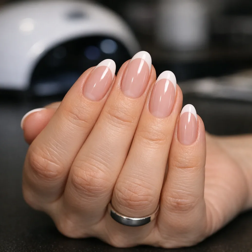 Uñas francesas almendradas clásicas mostradas de frente