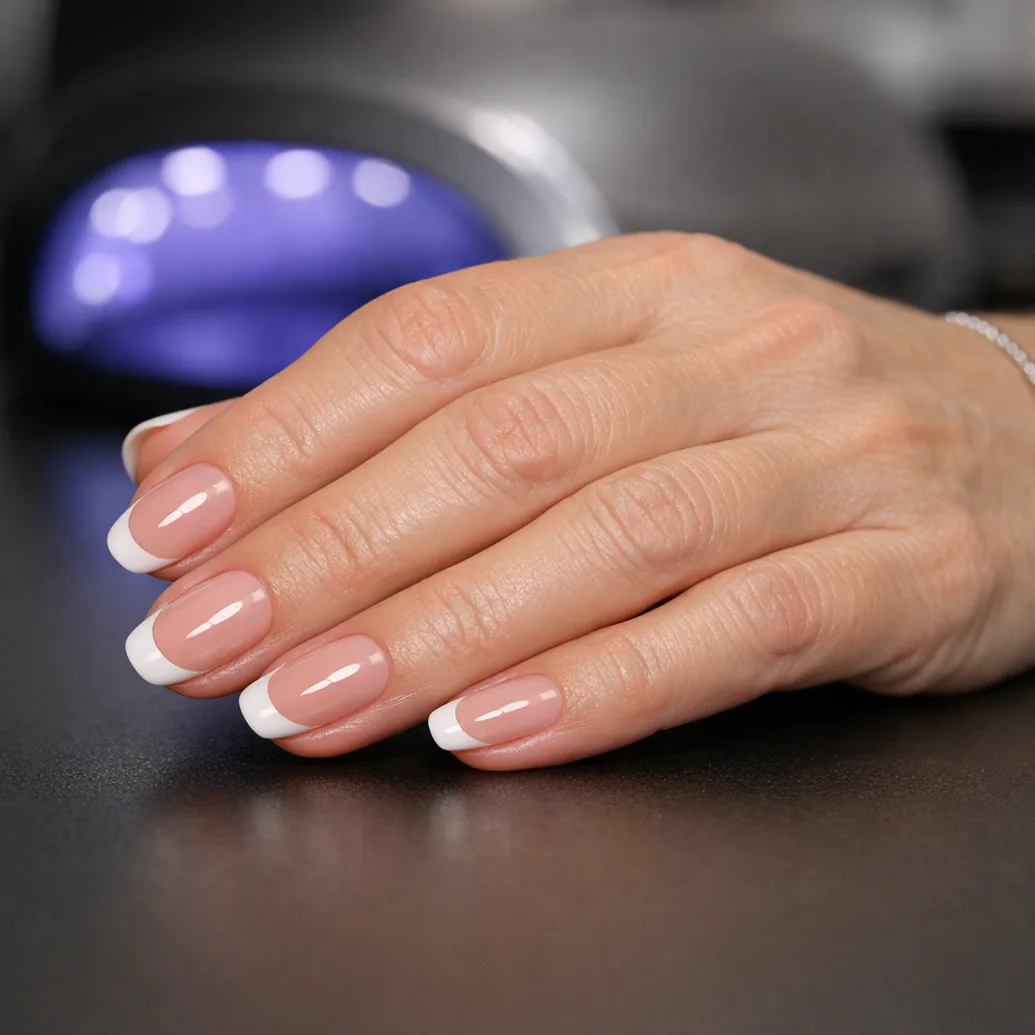 Uñas francesas almendradas suaves con base rosa lechosa