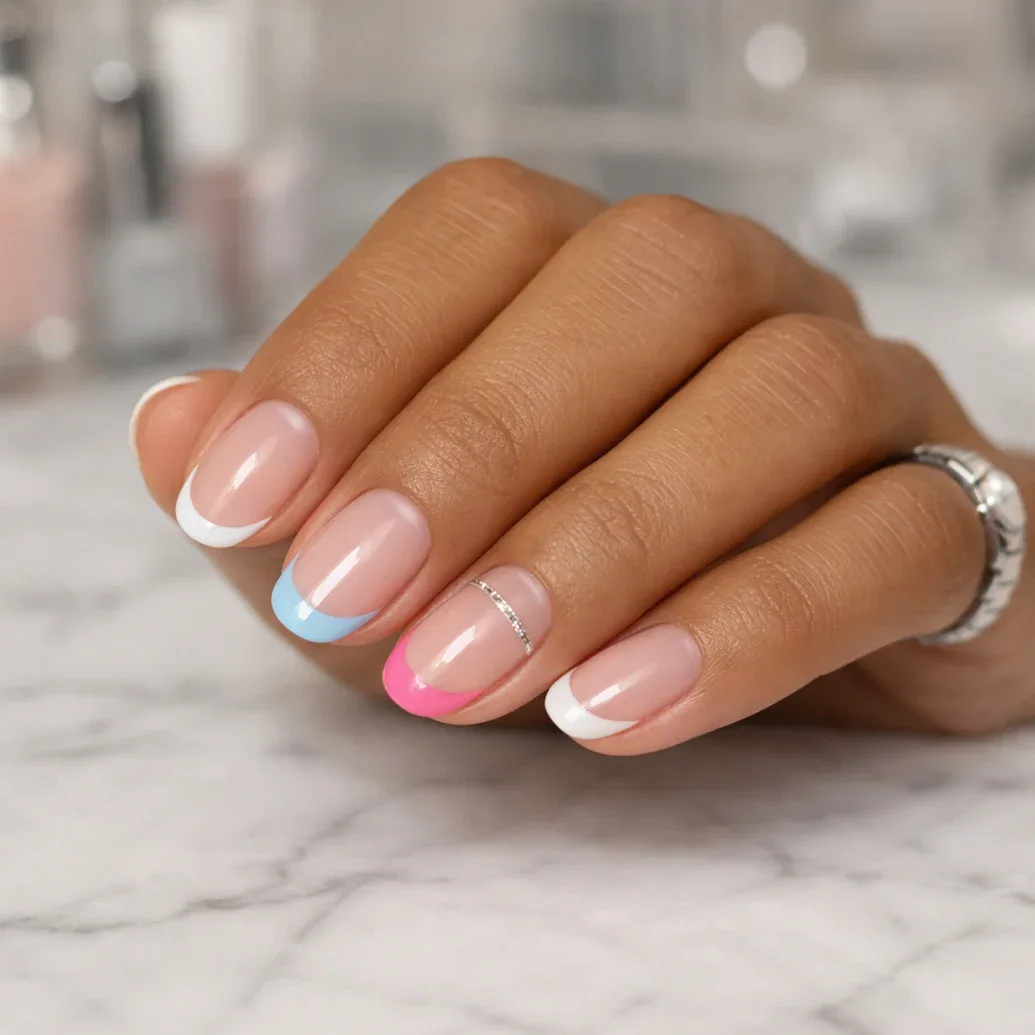 Uñas francesas asimétricas en rosa intenso y azul claro