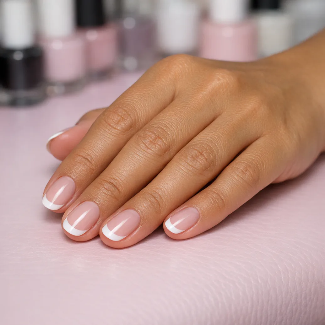 Uñas francesas cortas con base rosa sobre una superficie de manicura