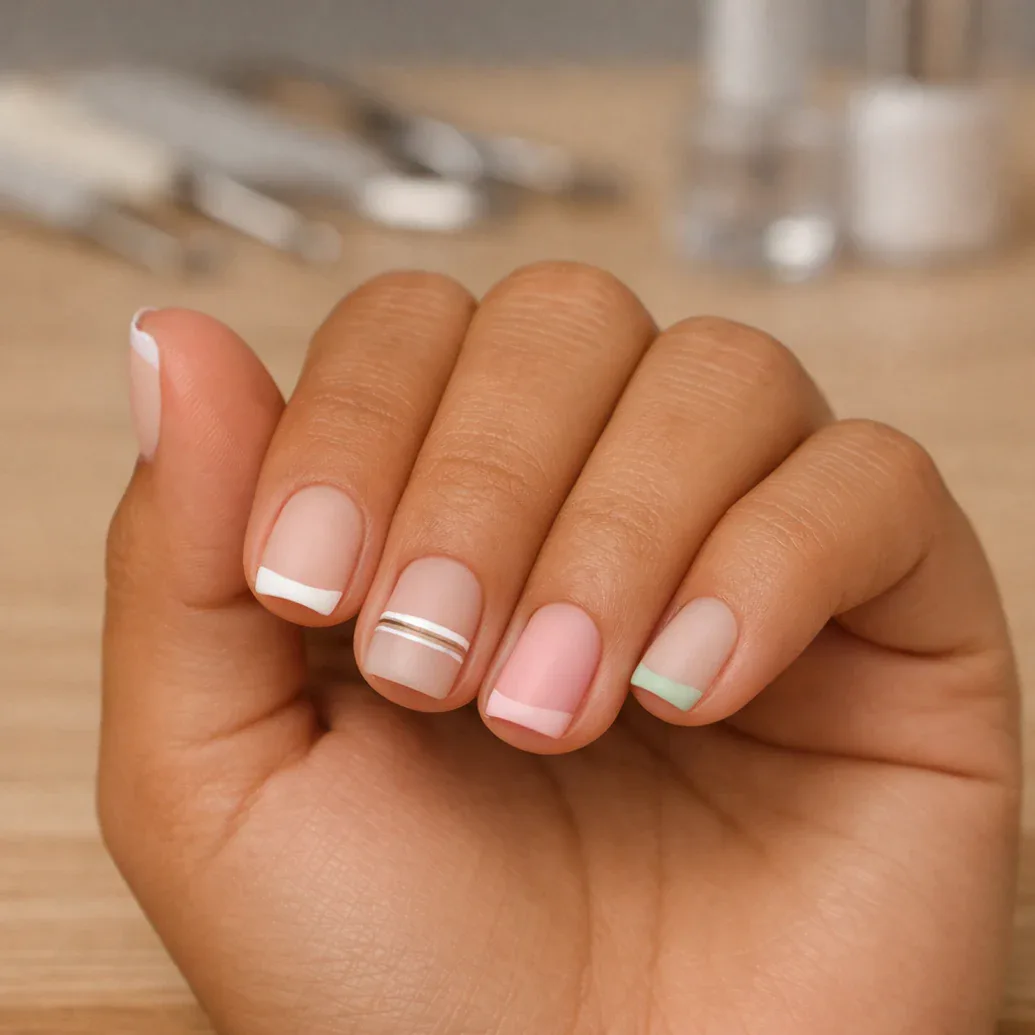 Uñas francesas cortas con puntas blancas, rosas y verdes