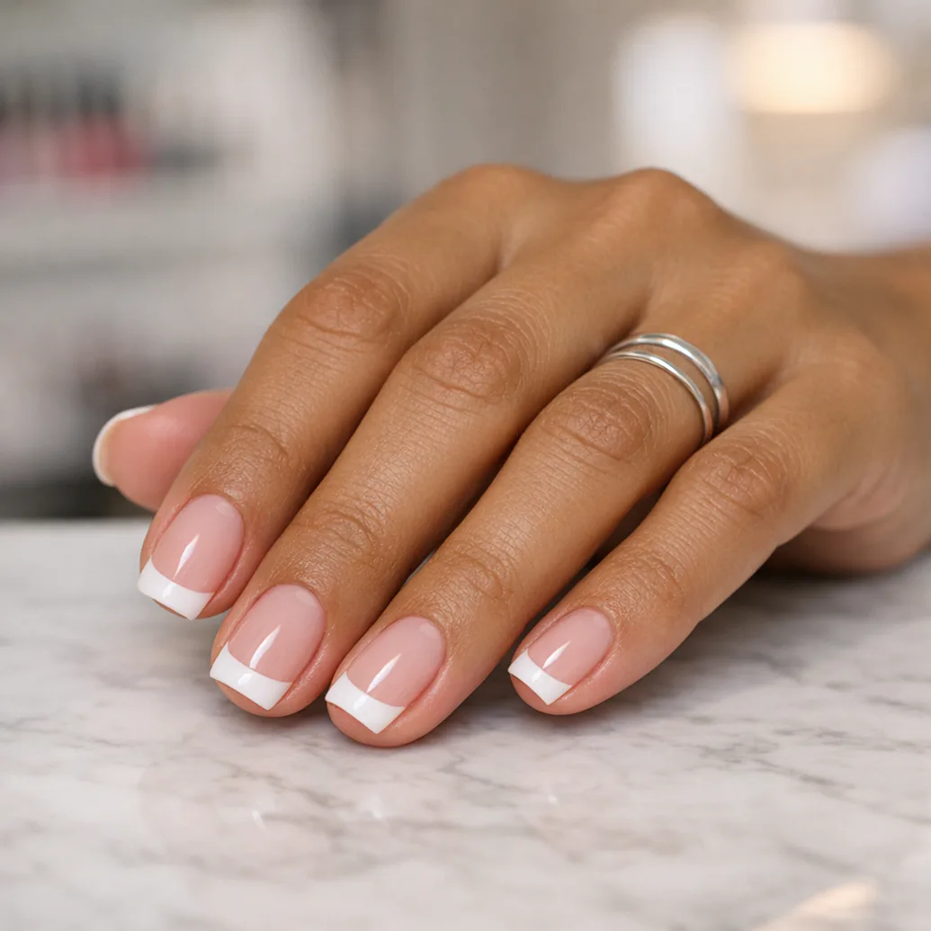 Mano con uñas francesas cuadradas cortas y punta blanca recta