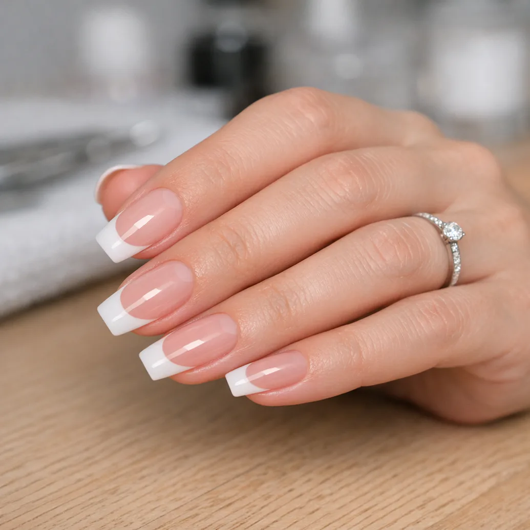 Uñas francesas cuadradas de longitud media con base rosa translúcida