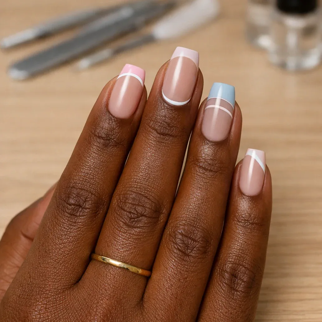 Uñas francesas cuadradas con puntas rosas y azules