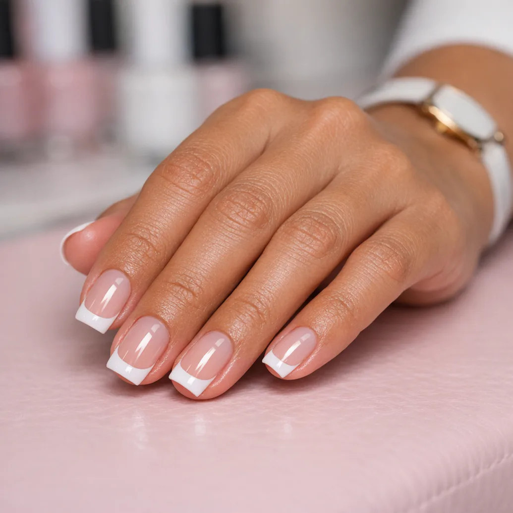 Uñas francesas cuadradas de salón sobre una mesa rosa