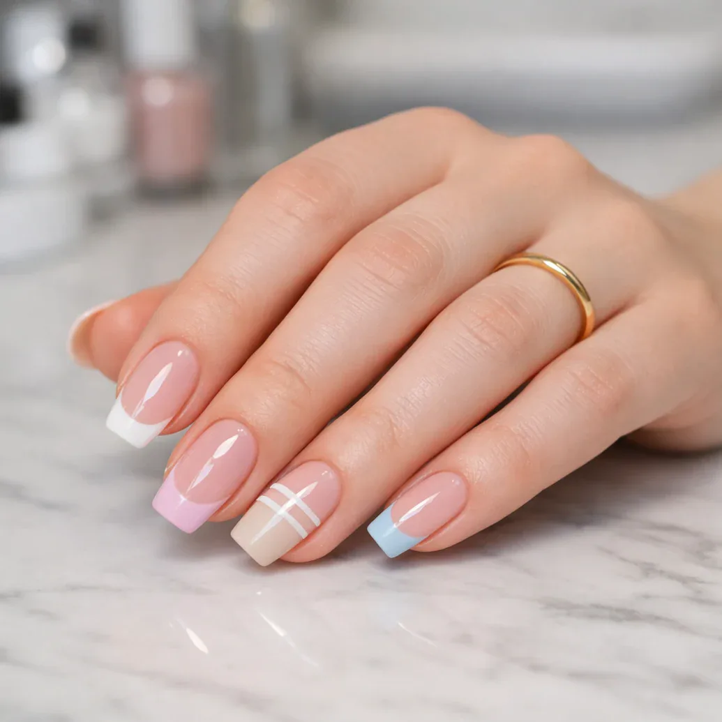 Uñas francesas cuadradas con puntas en tonos pastel