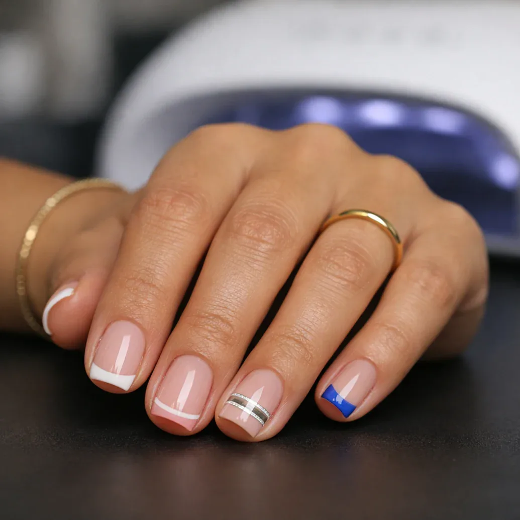 Uñas francesas con líneas negras y detalles azul eléctrico
