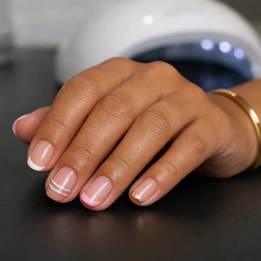 Uñas francesas finas con detalle rosa y dorado
