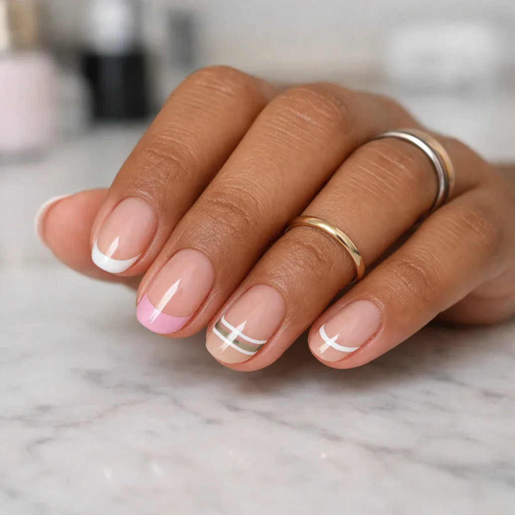Uñas francesas geométricas con cruces blancas
