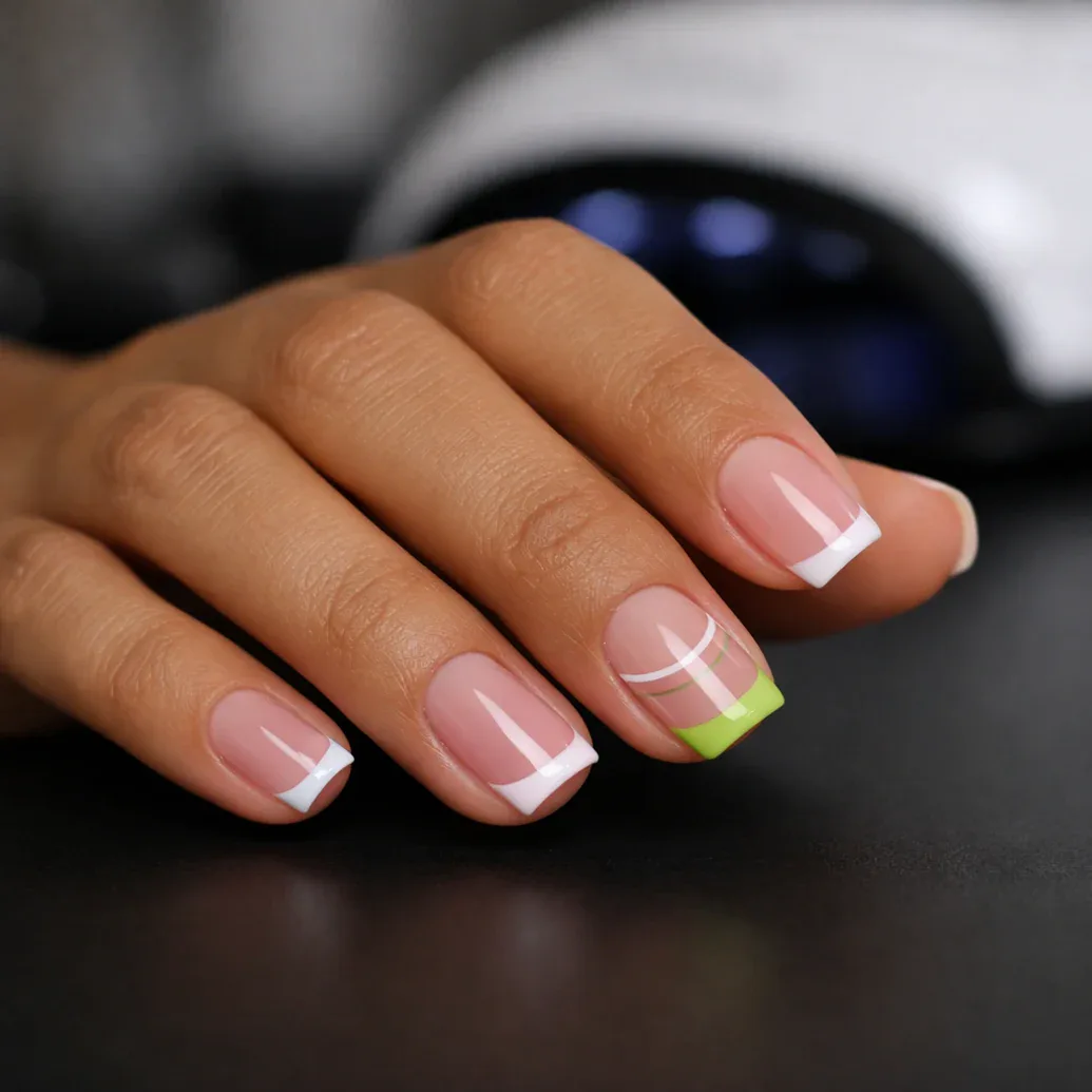 Uñas francesas geométricas con detalle verde neón
