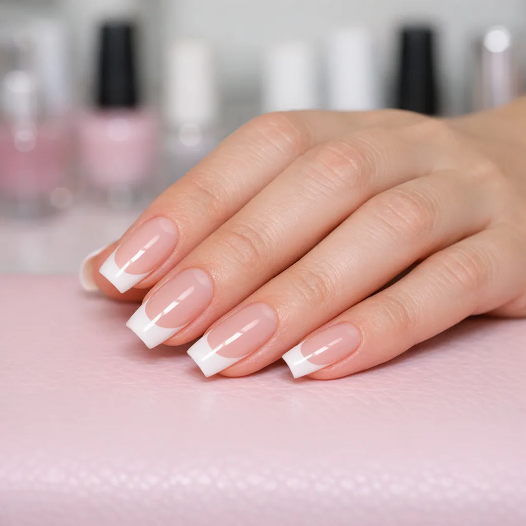Uñas francesas largas y cuadradas con punta blanca marcada