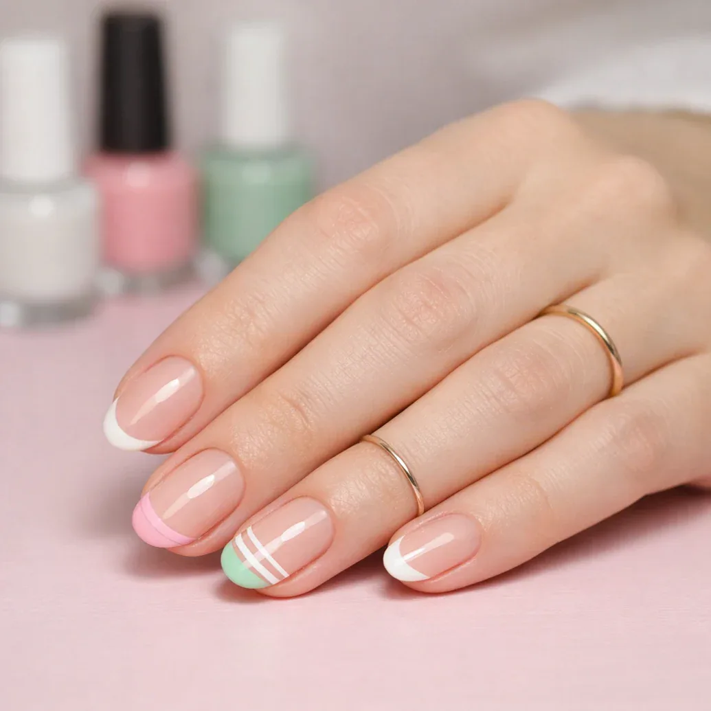 Uñas francesas con líneas blancas y verde menta