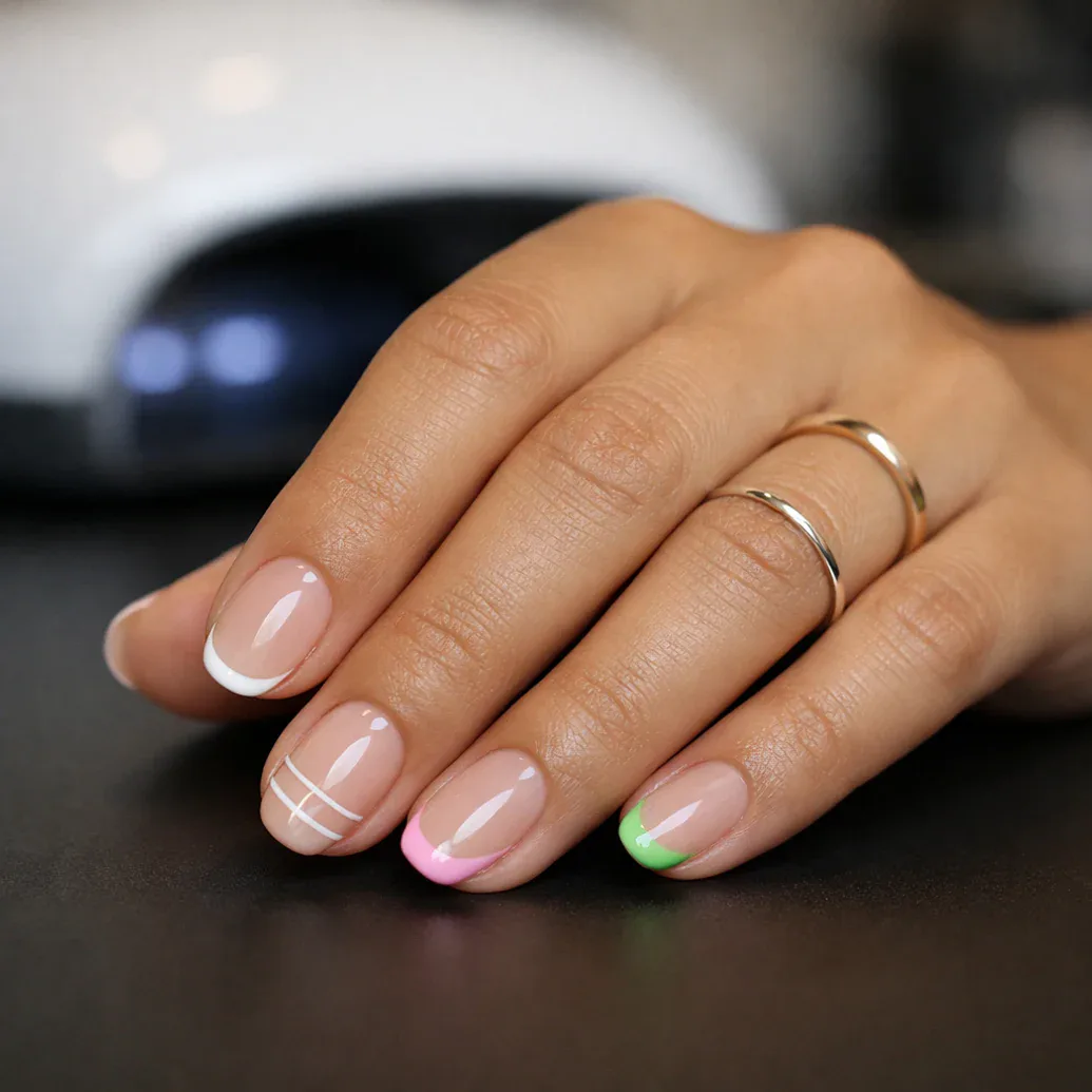 Uñas francesas minimalistas con acentos multicolor