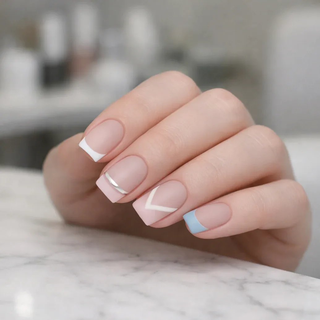 Uñas francesas modernas cuadradas con detalles blancos y azul pastel