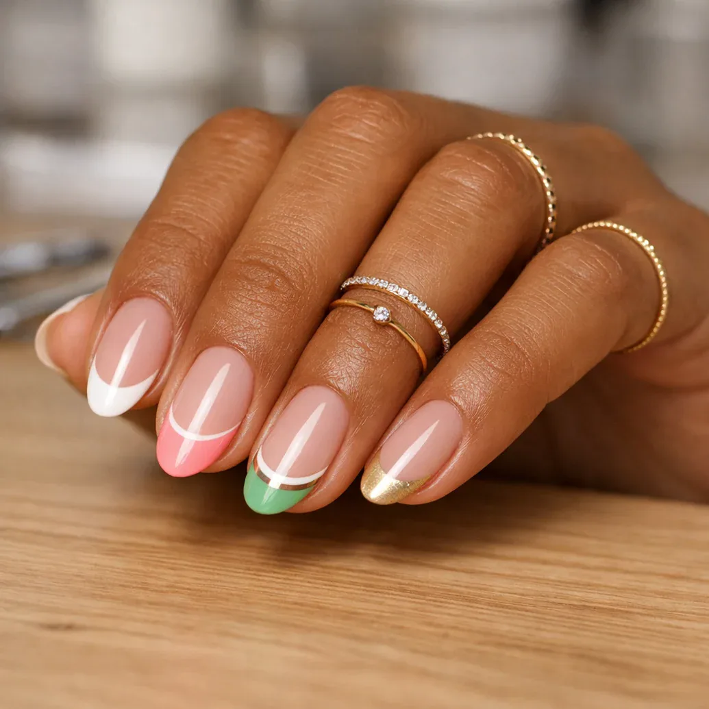 Uñas francesas modernas con detalles verdes y rosas