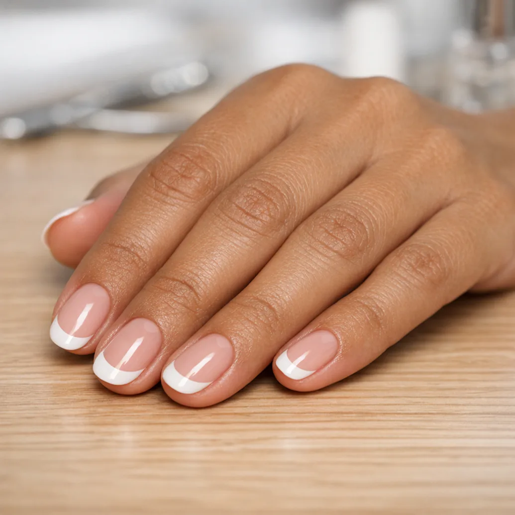 Uñas francesas naturales y cortas sobre una mesa de madera