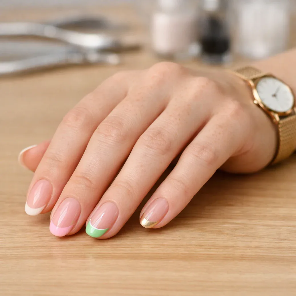 Uñas francesas naturales con detalles verdes y rosas