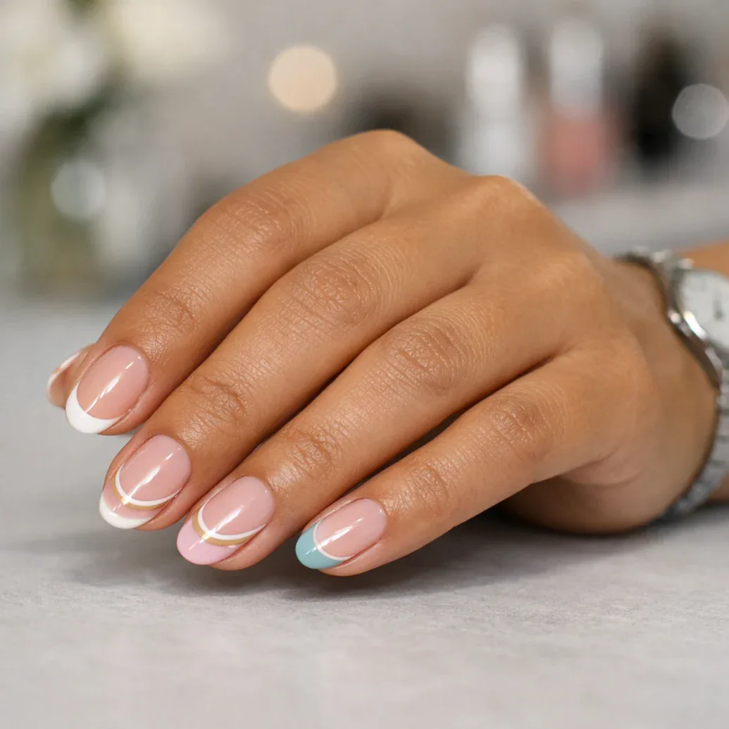 Uñas francesas onduladas con tonos pastel